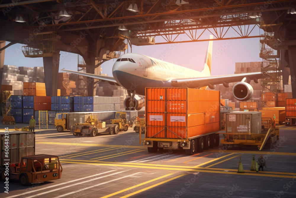 Poster An image of a cargo plane being loaded or unloaded with containers, emphasizing the important role of air transport in global trade. Generative AI technology.
