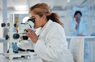 Science, development and microscope with a woman at work in a laboratory for research or innovation. Healthcare, medical and investigation with a female scientist working in a lab for pharmaceuticals - obrazy, fototapety, plakaty