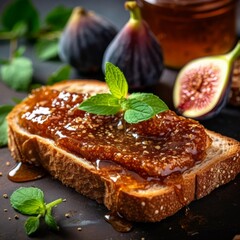 fig jam spread on a piece of toast with a knife, surrounded by fresh figs and mint leaves