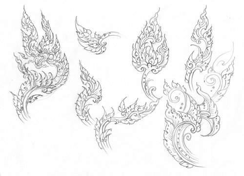 tattoo design with Thai pattern pencil drawing for card illustration background