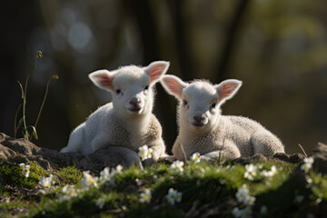 Fototapeta premium Cute spring lambs, Generative ai