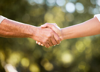 B2b, handshake and business partnership outdoor with deal success, agreement and farmer meeting....