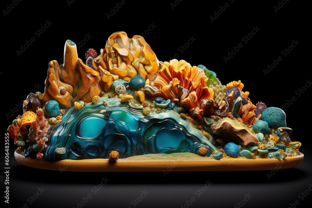 Poster a mixed media art ceramic and glass fusion piece that combines ceramic elements with fused glass to 