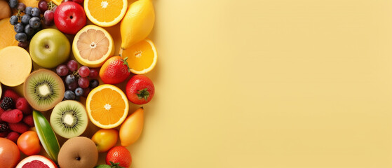 Assortment of fruits on yellow pastel with copy space 