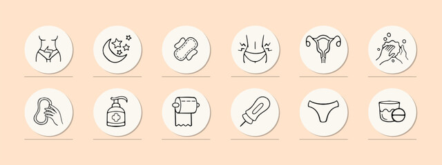 Menstruation icon set. Period products, menstrual cycle, pad, tampon, menstrual cup. Period pain concept. Pastel color background. Vector line icon for Business