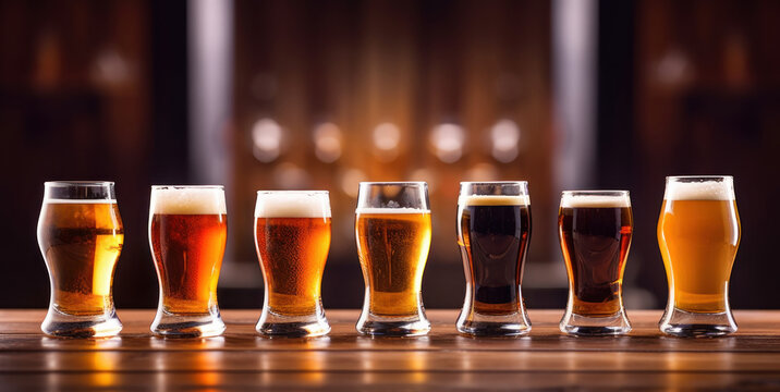 Glasses of beer in a line, on wooden table or bar counter. October fest banner.