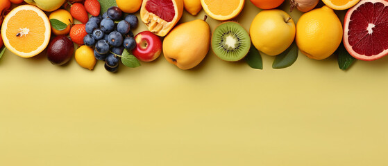 Assortment of fruits on yellow pastel with copy space 