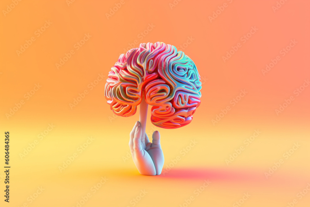 Poster A minimalist graphic design illustration of a palm with a small, stylized brain at its center, representing the core of human intelligence.  Generative AI technology.