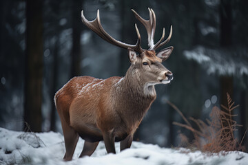 Naklejka na ściany i meble Deer male in winter snow forest, Generative ai