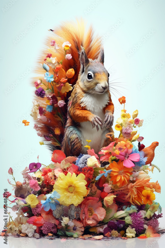 Poster A conceptual image of a Squirrel made from unconventional materials, such as flowers or feathers, challenging the perception of Squirrel as solely utilitarian objects.  Generative AI technology.