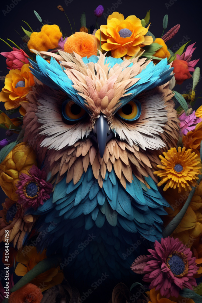 Poster a conceptual image of a owl made from unconventional materials, such as flowers or feathers, challen
