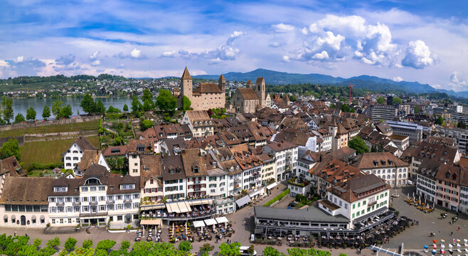 Rapperswil - Jona - scenic medieval town and castle in lake Zurich, aerial drone view. Switzerland travel and landmarks.