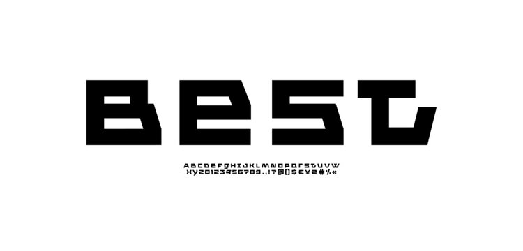Tech font, digital cyber alphabet, trendy modern Latin letters A, B, C, D, E, F, G, H, I, J, K, L, M, N, O, P, Q, R, S, T, U, V, W, X, Y, Z and Arab numerals 0, 1, 2, 3, 4, 5, 6, 7, 8, 9