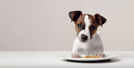 Carino cagnolino sta guardando piatto pieno di cibo per animali su sfondo bianco isolato. Concetto di pubblicità con copi spazio a sinistra - obrazy, fototapety, plakaty