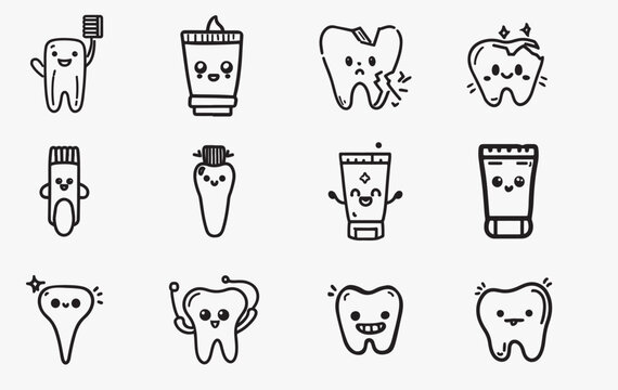 A set of cute tooth vectors line art 