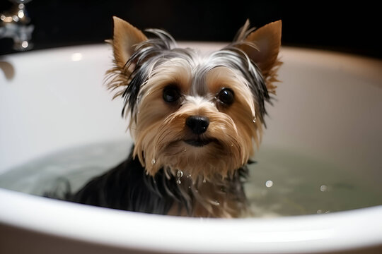 cagnolina di piccola razza bagnato si siede in una vasca da bagno e fa il bagno.