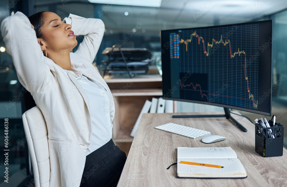 Poster woman, stress and computer with stock market graphs on dashboard screen for business debt review. fe