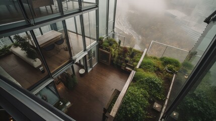 Modern house on the edge of a cliff close to the nature and all of this seen from above, from where one rarely sees it. Generative AI Technology 