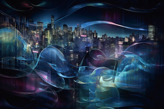 Generative AI illustration of abstract background of city with skyscrapers in blue night sky with glass textured wavy cloud effect in glowing lights