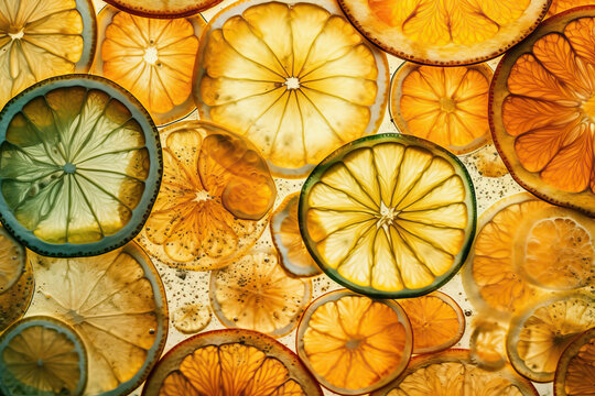 Naklejki Generative AI illustration showing top view of colorful slices of citrus fruit of lemon in various sizes placed on white background