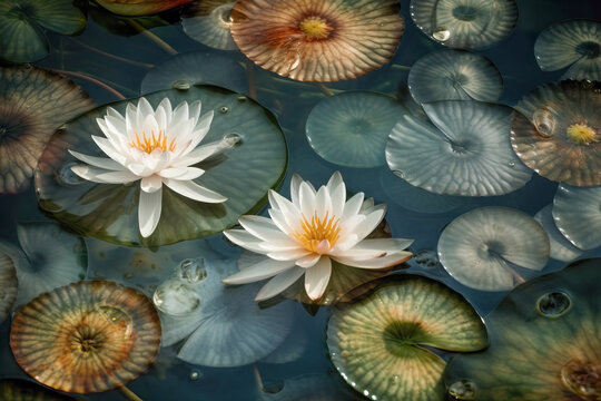 Generative AI illustration showing top view of white blooming fresh and dead water lilies on dirty green pond in daylight