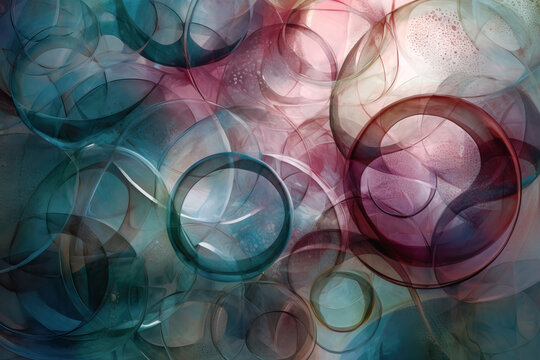 Generative AI illustration of abstract background with transparent purple and blue bubbles of different sizes