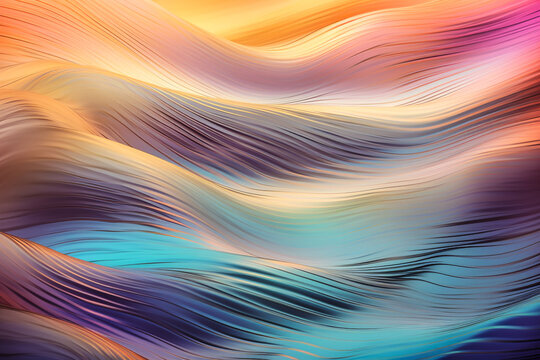Generative AI illustration of abstract background of bright yellow, purple and blue colors with thin curved lines