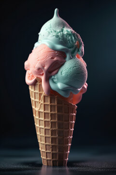 Generative AI illustration of sugary delicious ice cream with blue and pink scoop balls melting down in waffle cone against dark background
