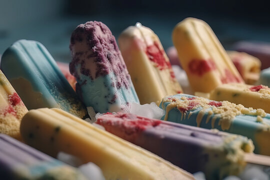 Generative AI colorful illustration of selective focus of sweet delicious ice cream popsicle bars frozen with fruit and berries with yogurt on stick