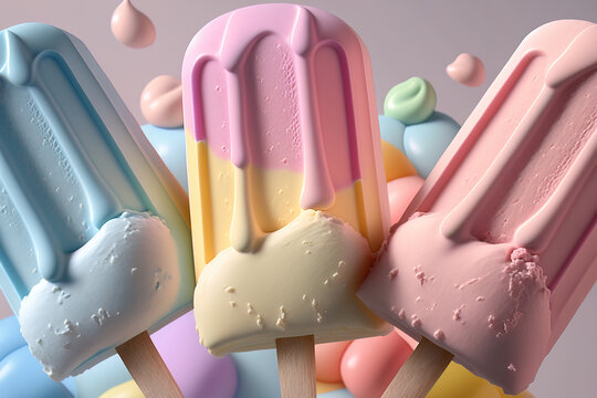 Generative AI illustration of a multicolored ice cream summer treat with ice cream bars and frozen yoghurt on a stick against a pink background
