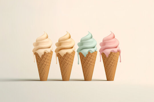 Generative AI illustration of a set of delicious ice cream scoops of different colors and flavors in crispy waffle cones melting