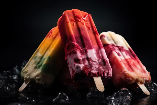 Generative AI illustration of multicolored ice cream bars with mixtures of different flavors of frozen yoghurt on a stick on top of ice cubes