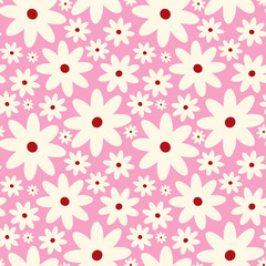 Creative vibrant playful quirky Retro floral pattern in 60s in bright juicy pink and beige colors