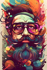 Fototapeta na wymiar Man with glasses and beard with mustache and mustache on his head. Generative AI.