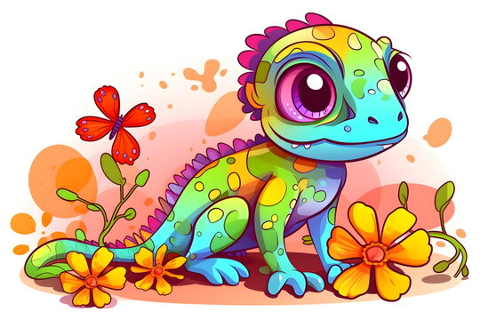 Colorful lizard sitting on the ground next to flower and butterfly. Generative AI.