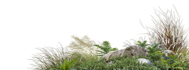 Fototapeta premium A small garden foreground with many plants and grasses on a transparent background.