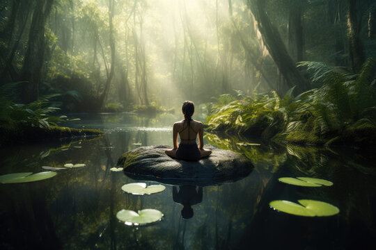 Generative AI illustration rear view of an anonymous woman meditating on a rock in a calm lake surrounded by green trees