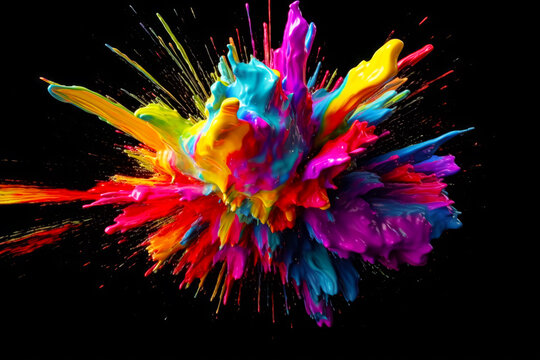 Multicolored explosion of colored powder on black background stock photo. Generative AI.