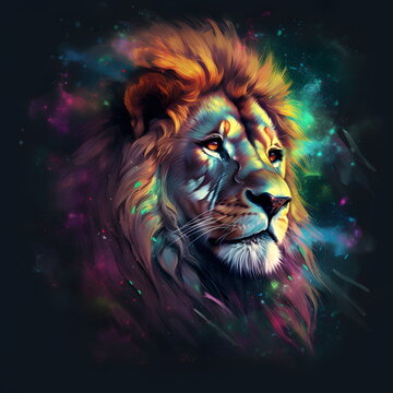 Digital image of lion's face on dark background with stars. Generative AI.