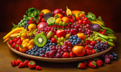 Image of platter of fruit on table with strawberries, grapes, oranges, kiwis, and other fruits. Generative AI.