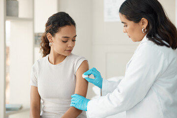 Healthcare, cotton and arm for vaccine at the hospital for safety or cure for virus or disease. Doctor, clinic and patient before vaccination for consultation with gloves for medical care and help.