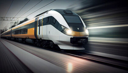 Obraz na płótnie Canvas Super fast Train automobile concept design with fire. Luxury speed race Train automotive concept with flames. High speed modern Train with motion blur background Ai generated image