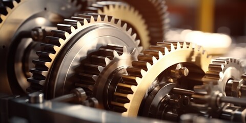 A close-up of moving gears in a large industrial machine, concept of Mechanical motion, created with Generative AI technology