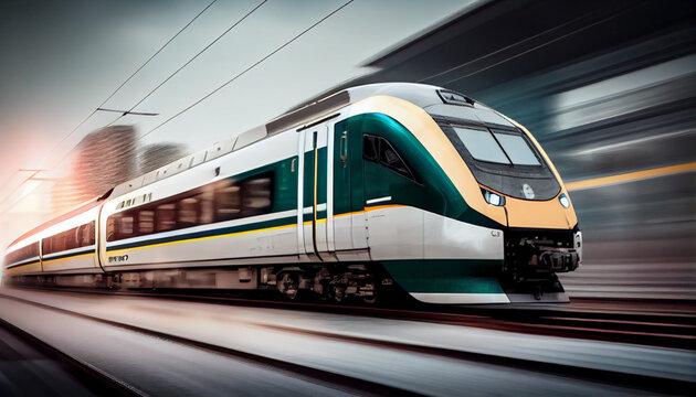 Super fast Train automobile concept design with fire. Luxury speed race Train automotive concept with flames. High speed modern Train with motion blur background Ai generated image