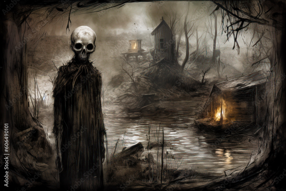 Poster image of skeleton standing in front of lake with house in the background. generative ai.