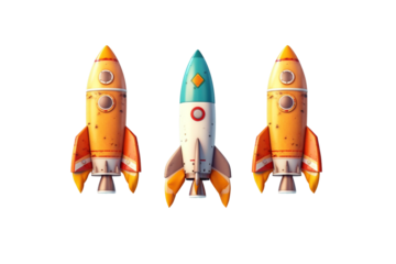 A collection of launched cartoon rockets isolated on clear PNG background, colorful , Successful startup company concept.