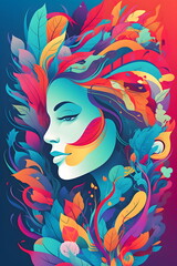 Woman's face with colorful flowers and leaves on it, with blue background. Generative AI.