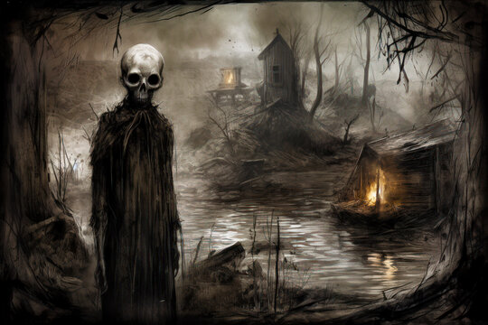Image of skeleton standing in front of lake with house in the background. Generative AI.