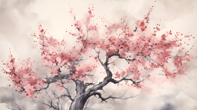 Pink sakura cherry blossom tree in full bloom, Generative AI