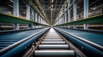 Efficient Production at Scale, Long Factory Assembling Conveyor Belt Line, Generative AI